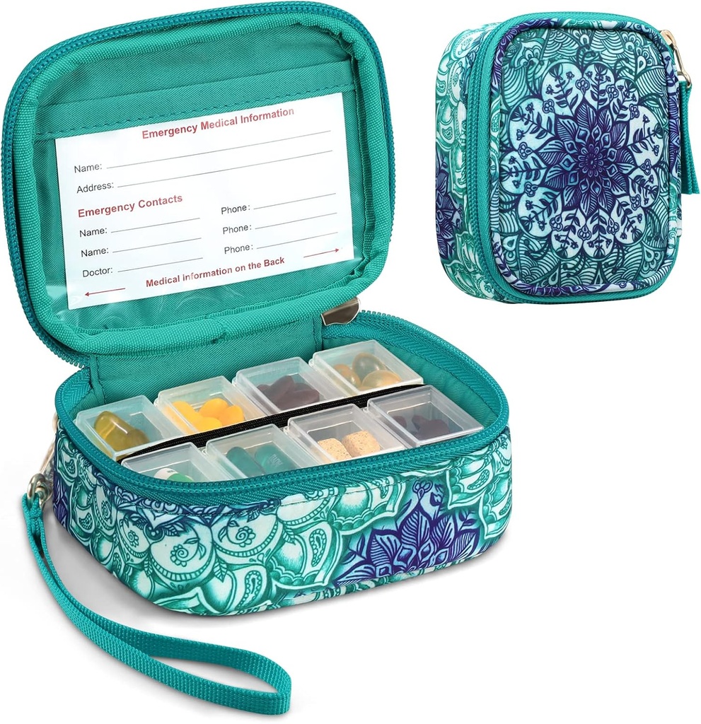 FINPAC Pill Arrangører, 8 Compartments Travel Pill Case for Weekly 7 dages Medication Care, Compact & Cute Medicine Vitamin Dispenser og Indehavere (Emerald Illusions)