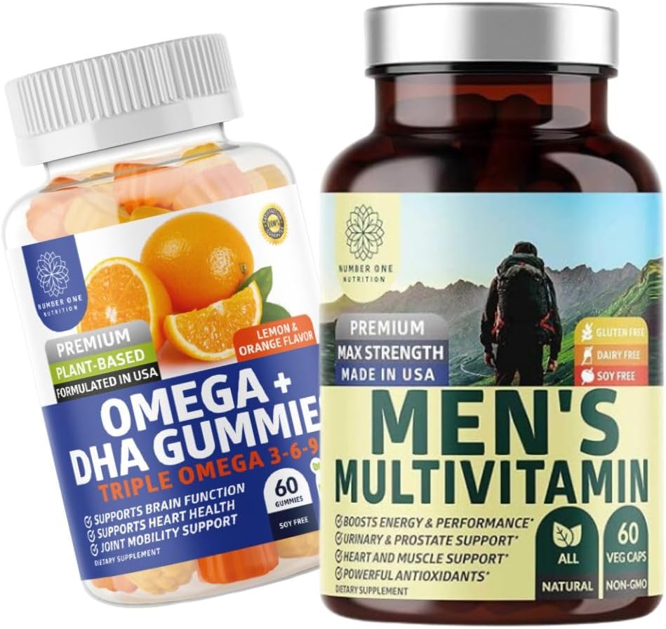 Nummer et ernæring N1N Premium Mænd Daglige Multivitamin [Vitaminer A C E D, Magnesium, Zink] og Omega 3 6 9 + DHA Gummies [Vegan, Plant- baseret], 2 Pack Bundle