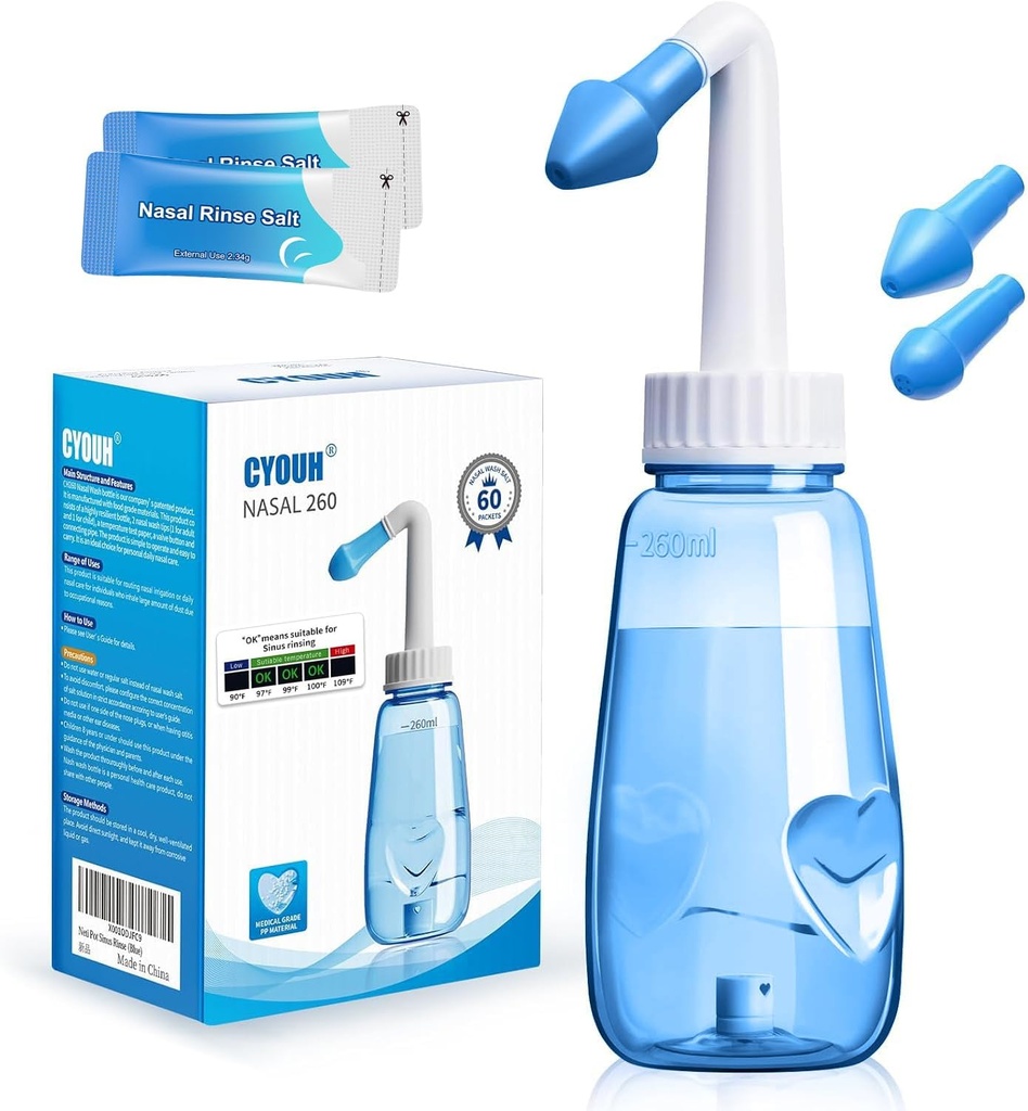 Neti Pot Sinus Rinse Flaske 260 ML med 60 Nasal Wash Salt Packets og Sticker Termometer Næse Vask Renere Trykskylning Nasal Vanding for Voksen & Kid BPA Free (Blue)
