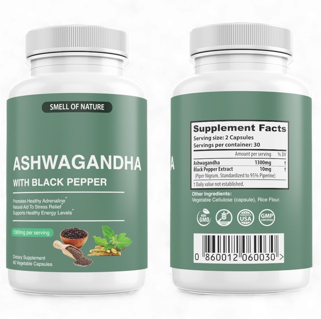 Naturens Smell Organic Ashwagandha Kosttilskud med Black Pepper Extract - 1300mg Pure Ashwagandha Extract - Energistøtte - Non-GMO, Gluten- Free, Vegan - 60 Kapsler
