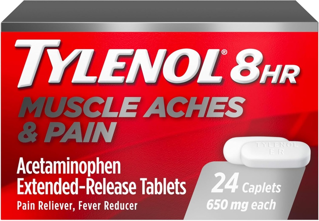 Tylenol 8 timers muskelakker og smertelindring Udgivelsestabletter med 650 mg Acetaminophen, Feber Reducer & Smerte Medicin for Muskler, Joints, Krop, og Backache Smerte Relief, 24 Tæl