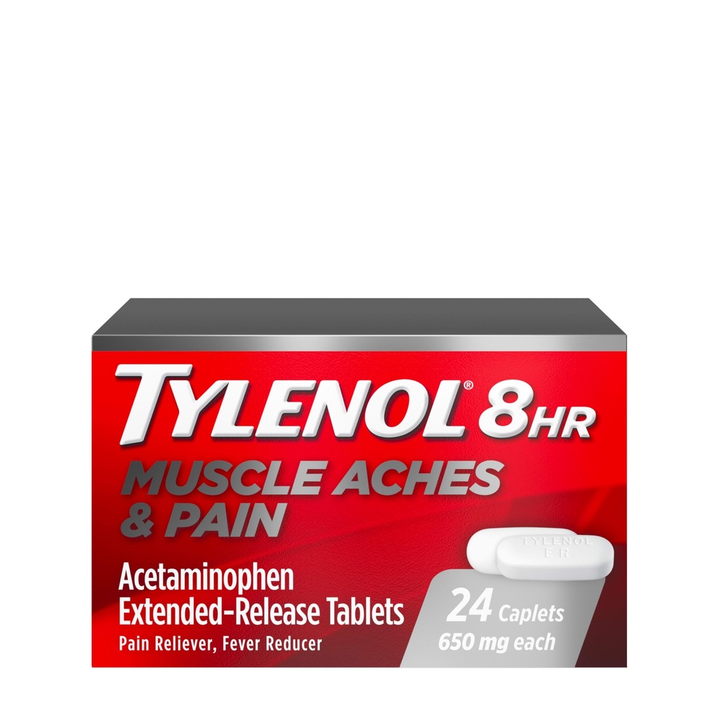 Tylenol 8 timers muskelakker og smertelindring Udgivelsestabletter med 650 mg Acetaminophen, Feber Reducer & Smerte Medicin for Muskler, Joints, Krop, og Backache Smerte Relief, 24 Tæl