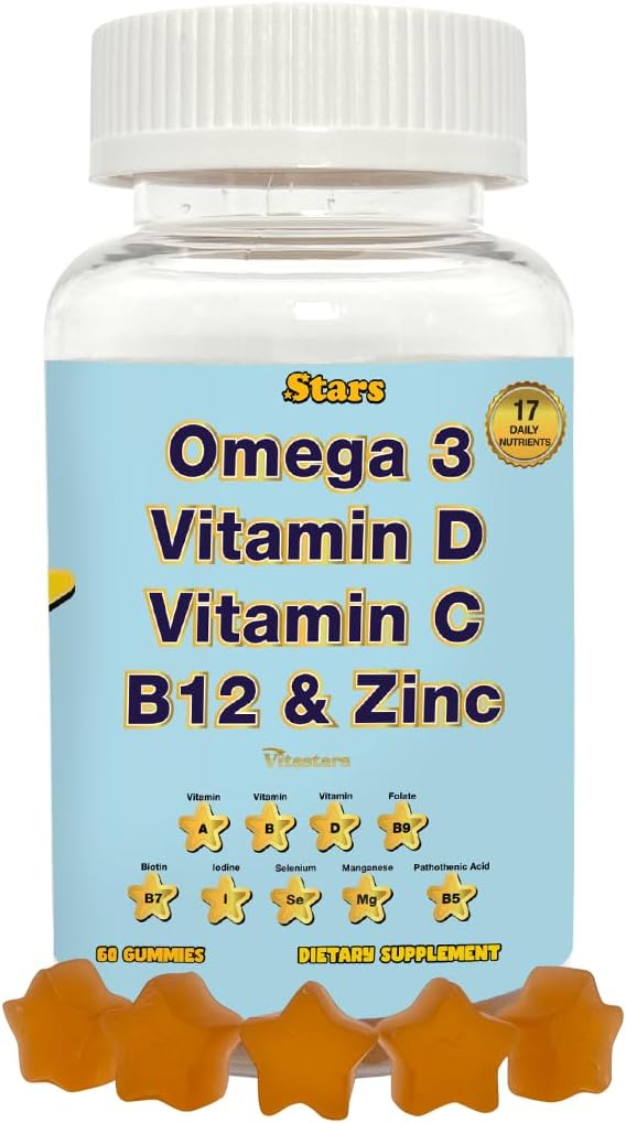 Voksen Multivitamin Gummies med Omega 3 - Daglige vitaminer A, B, C, D & Biotin - Glutenfri, Plantbaseret Multivitamin til mænd og kvinder med Selenium, 60 Gummies
