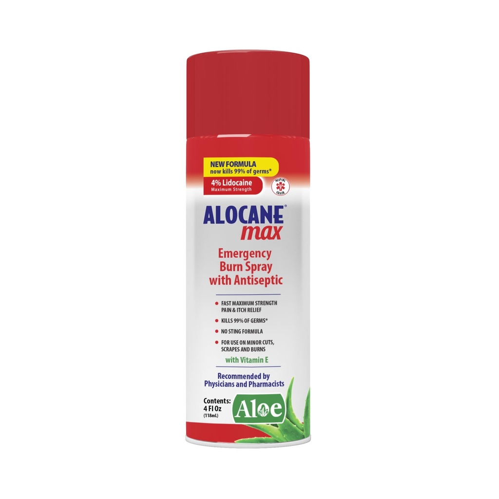 ALOCANE Emergency Burn Spray, 4% Lidocain Max Strength Fast Pain Itch Relief for mindre brænder, Sunburn, Køkken førstehjælp behandling Burn Care, 4 Fl Oz