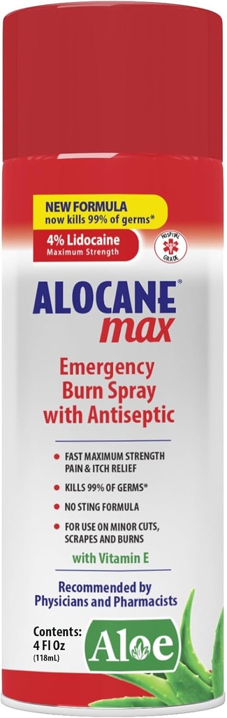 ALOCANE Emergency Burn Spray, 4% Lidocain Max Strength Fast Pain Itch Relief for mindre brænder, Sunburn, Køkken førstehjælp behandling Burn Care, 4 Fl Oz