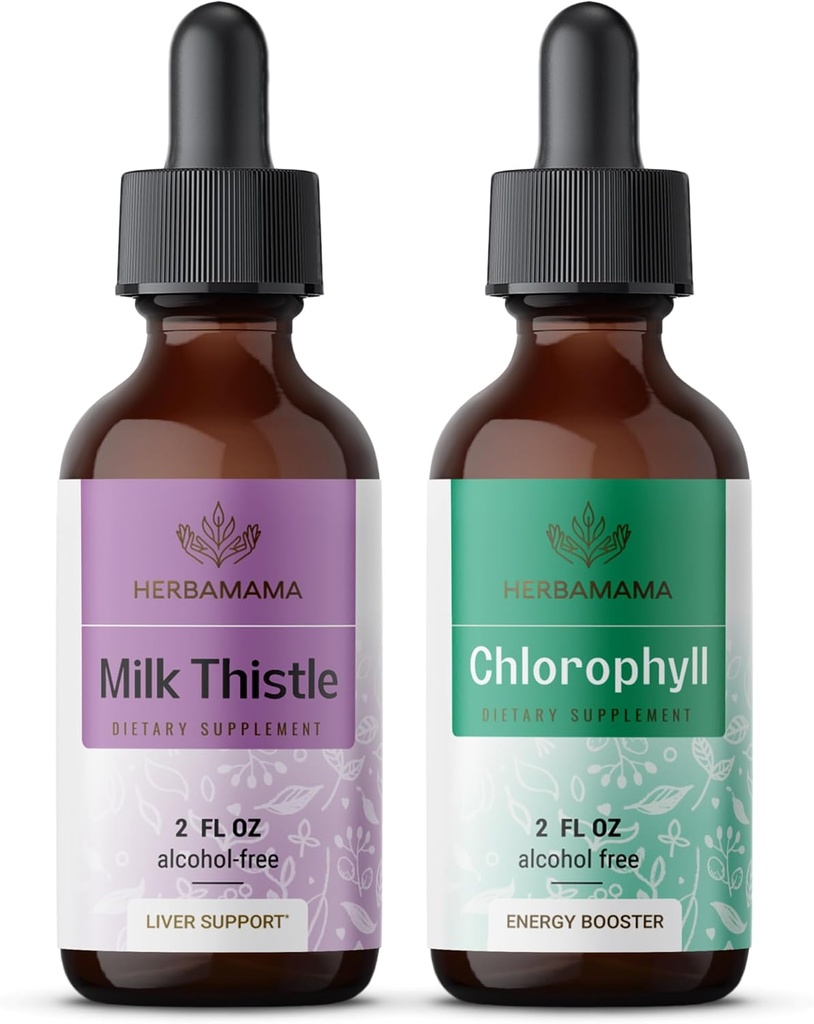 HERBAMAMA Herbal Liquid Drops Kit - Bundle of Milk Thistle Extract 2 fl oz og Liquid Chlorophyll 2 fl oz - Vegan Supplement Liquid Extract - Ikke GMO, Sukker & Alkohol- Free - 2 Pack