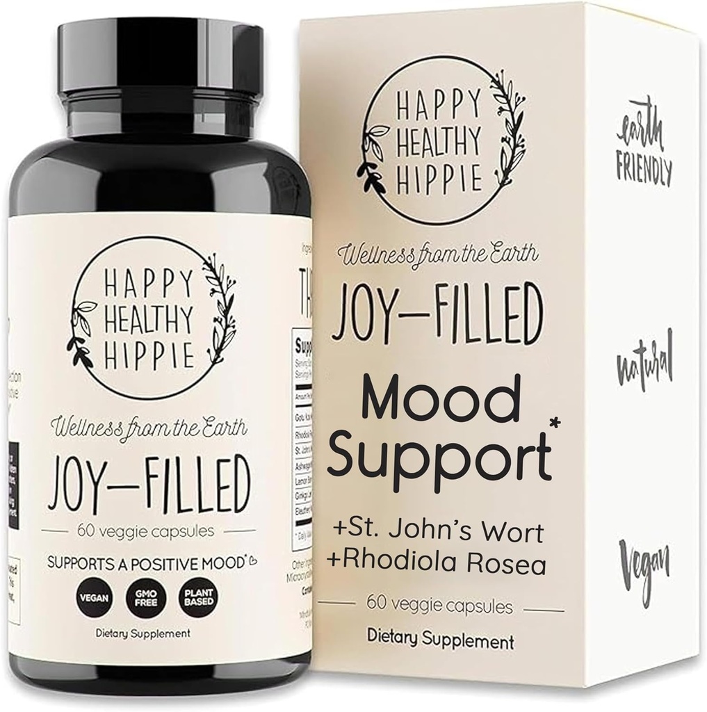 Joy- Filled Mood Support - 7 Herb Complex w / St. Johns Wort Note 124; Stress Relief - Hjælper med at berolige sindet & Kropskvotient 124; 100% Plant- Based Happy Pills, Ashwagandha, Rhodiola Rosea