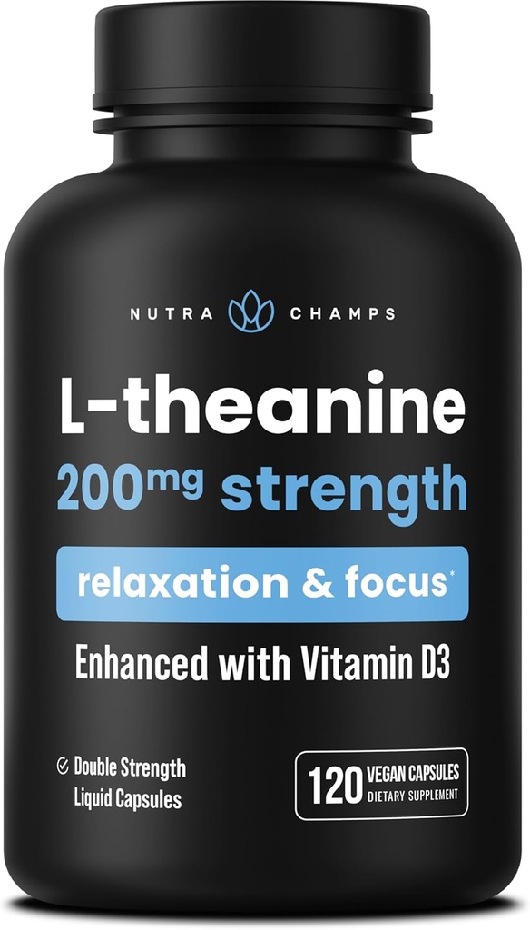 NutraChamps L- Theanine 200mg Kapsler er 124; Double- Strength L- Theanine Liquid with Vitamin D3, Organic Coconut Oil er 124; Understøtter Mood, Focus, Stress Relief er 124; for børn og voksne er 124; 120 Vegan Kapsler