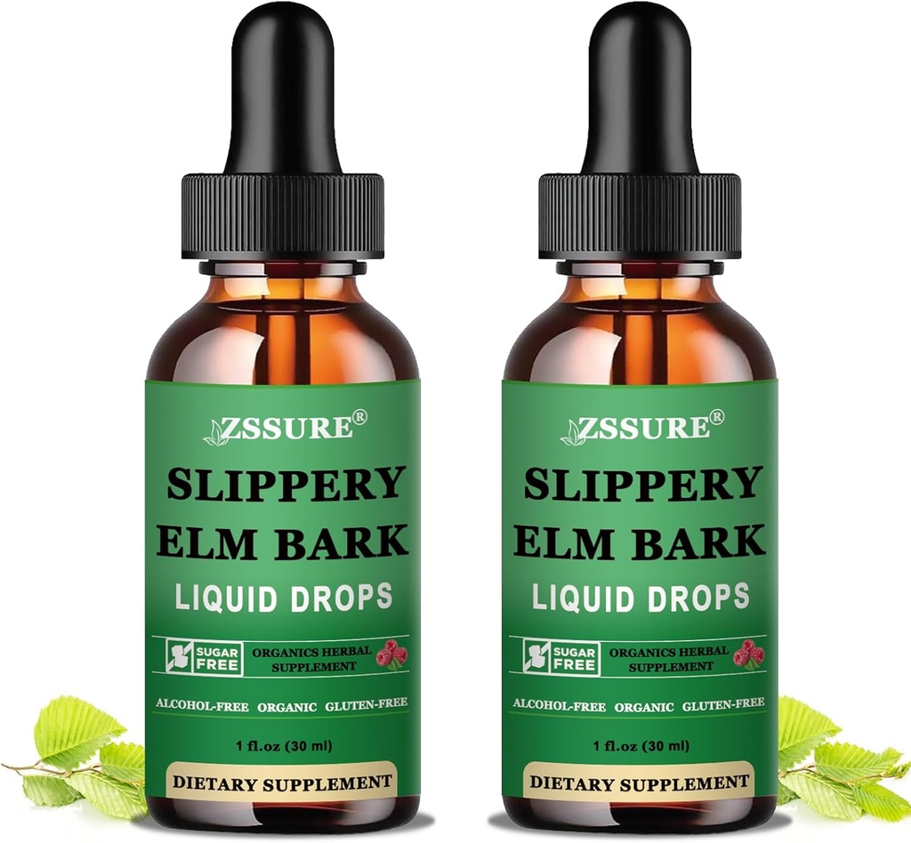 (2 Pack) Slippery Elm Bark Liquid Drops, Pure Organic Slippery Elm Extract 1000mg for fordøjelig Gut Health, Liquid Slippery Elm Tincture Herbal Supplement, Vegan, Alkohol fri, Non- GMO, Gluten fri