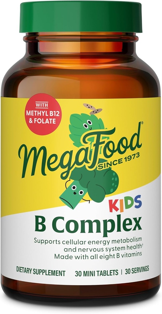 MegaFood Kids B Complex - B Complex Vitamin Supplement, 8 B Vitamin - B6-vitamin, B12-vitamin, Folate, Biotin & mere, Understøtter Cellular Energy Production, Vegetar, Gluten Free - 30 Mini tabletter