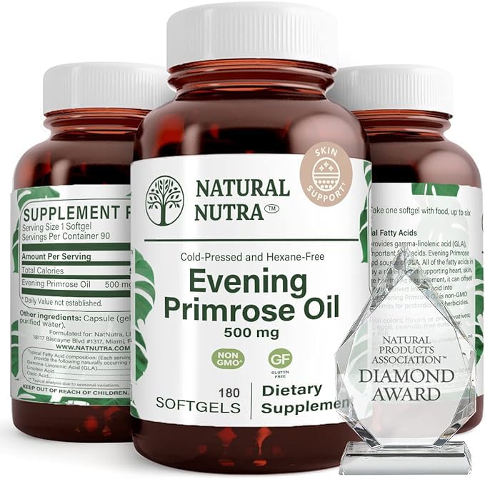 Naturlig Nutra Evening Primrose Oil Supplement fra fede syre, Hjælper Overcome Body Pain, Nerve Sundhed, Promote Hjords Sundhed & Skin Klarhed, Hjælper reducere fordøjelsesbesvær, 500 mg, 180 Softgel