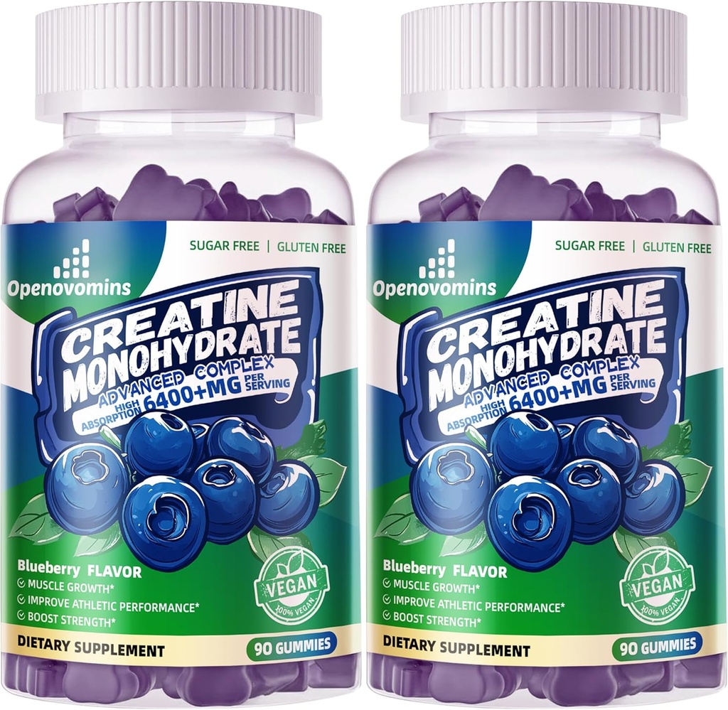 Creatin monohydrat Gummies Complex for mænd & kvinder -Advanced Formel W / L- Taurine + vitamin B12, Sukker Free Chewable Supplement, 180 Blueberry Gummies 2pack