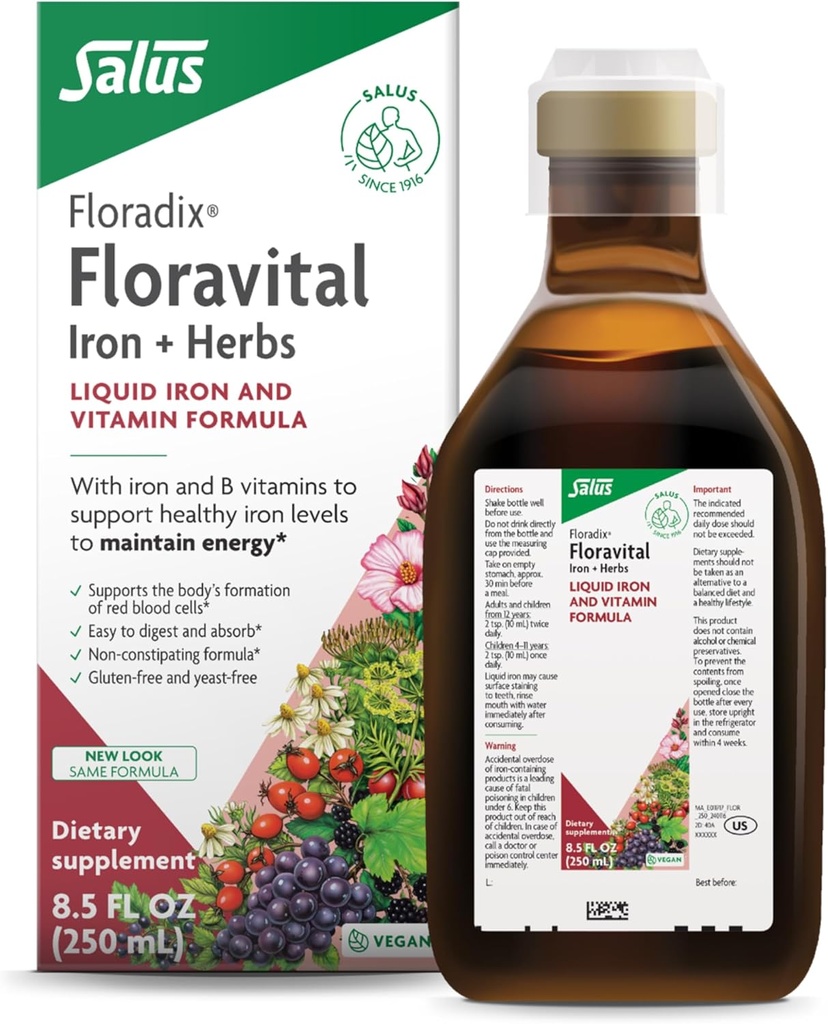 Floradix Floravital Liquid Iron & Vitamin Formel - Flydende Iron Supplement med C & B Vitamin & Urter til energistøtte - Vegan, Gluten- Free, Yeast- Free & Non- GMO - 8,5 Fl Oz