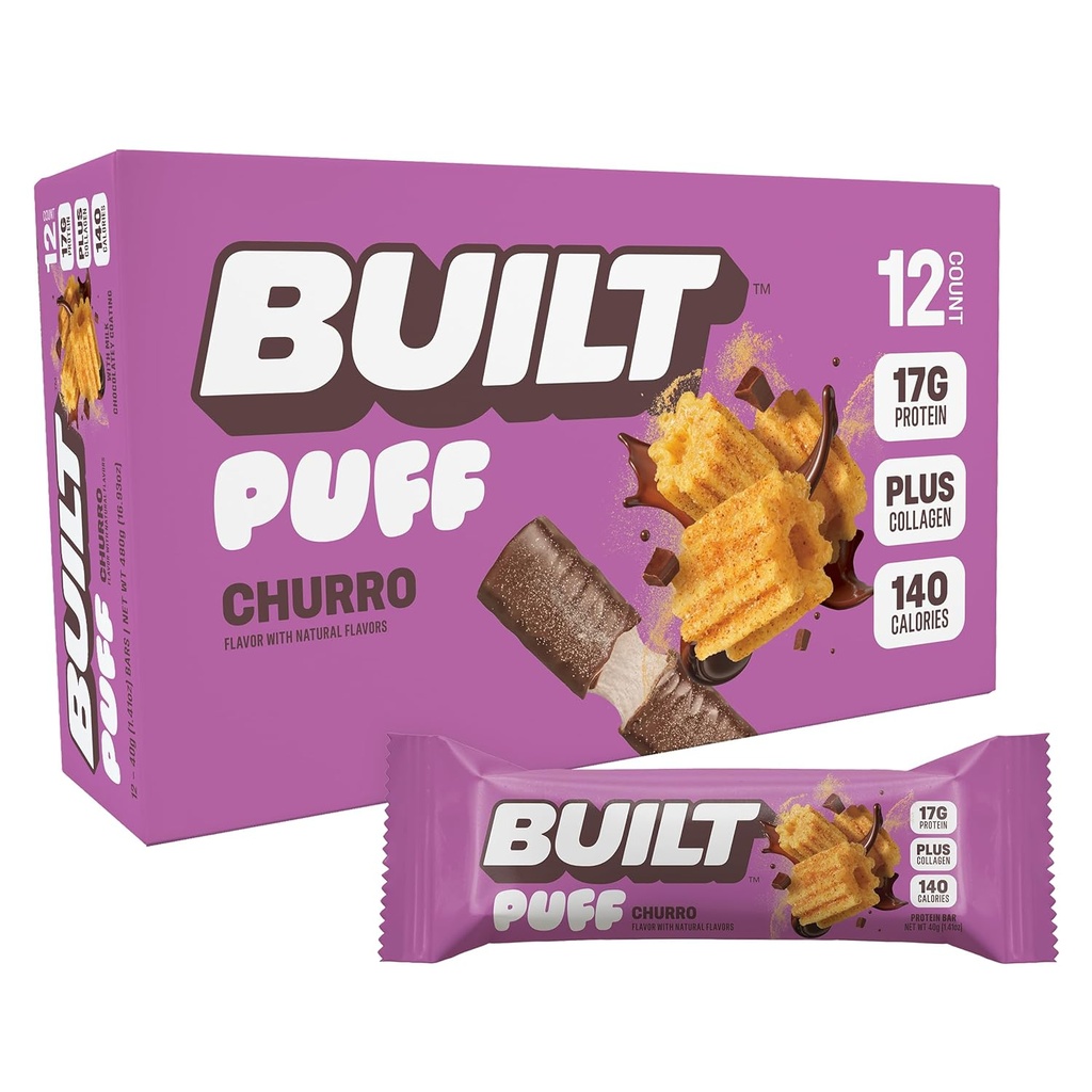 Bygget bar, Puff Protein Bars, Churro Puff, 17g Protein Snacks, On- The- Go Bars, Kun 140 kalorier & 6g sukker, Collagen, Gluten Free, 12 Greve