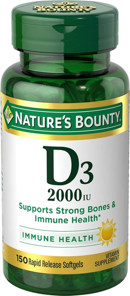 Naturens Bounty D-vitamin, understøtter immunforsvar & knoglerelaterede, 2000IE D3-vitamin, 150 Softgels