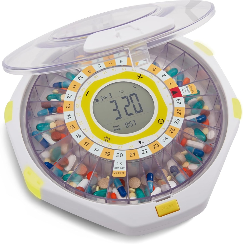 LiveFine Bluetooth Automatic Pill Dispenser, 28-dages kapacitet, Sound & Light Alerts, Key Lock, LCD & Easy setup på LiveFine App til receptioner, Medicin, Vitamin & Kosttilskud - Clear Lid