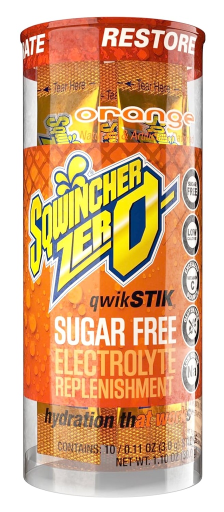Sqwincher Zero Qwik Stik, Orange, Sugar Free, Low Calorie, Low Sodium Electrolyte Powder Hydration Drink Mix, .11 oz Packet (Pack of 200)