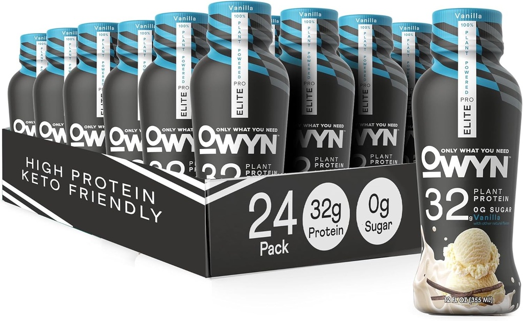 OWYN Kun hvad du behøver Pro Elite Vegan High Protein Keto Shake, 32g Protein, 9 Aminosyrer, Omega-3, Prebiotika, Workout og Inddrivelse, 0g Net Carbs, Zero Sugar (Vanilla, 12 Fl Oz (Pack of 24)