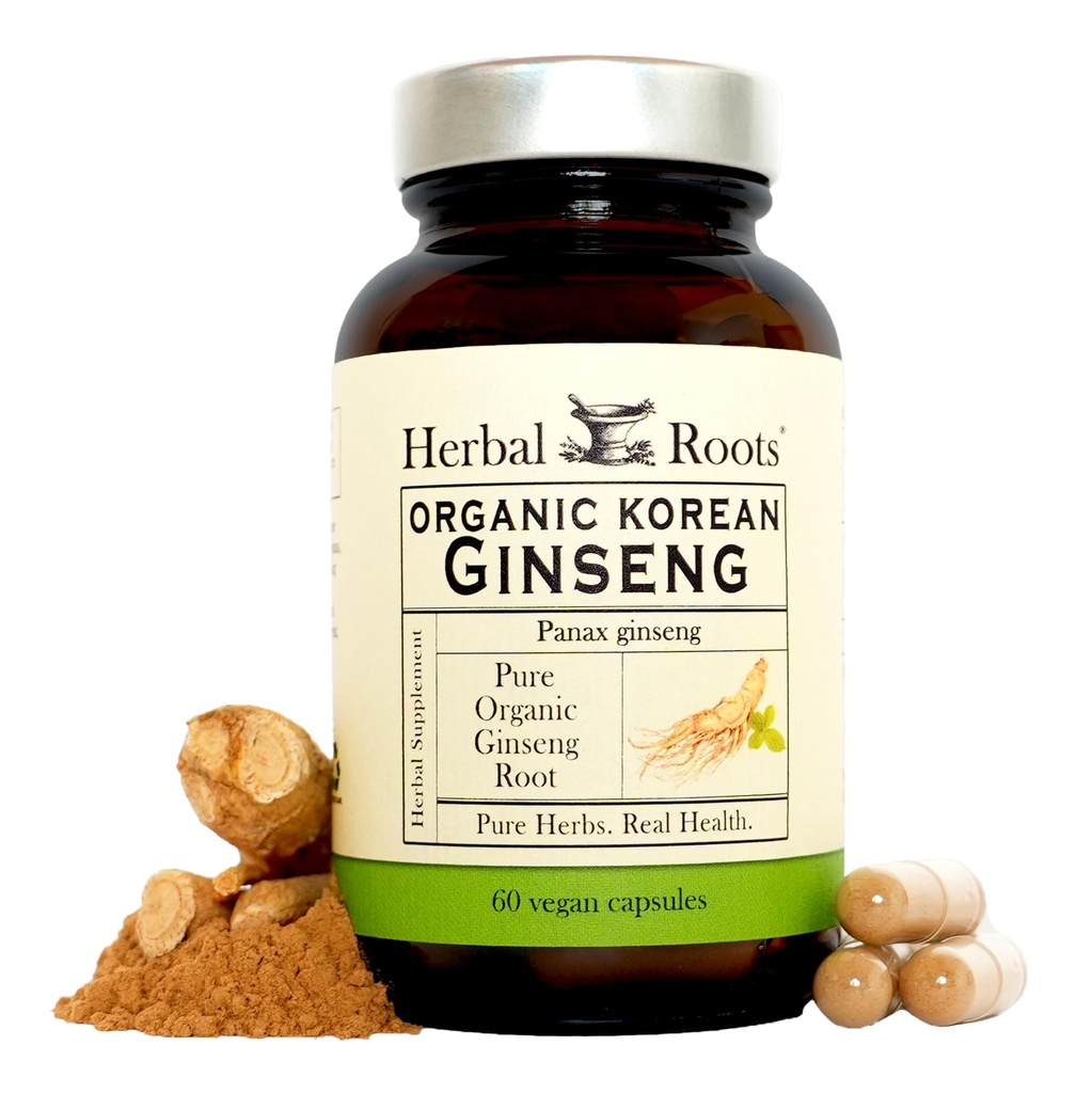 Urteudtræk Panax Ginseng • 124; Organisk koreansk Ginseng • Root Pulver • 124; 1000mg • 124; Høje Ginsenosider til energi & ydeevne • 124; 60 Veganske kapsler