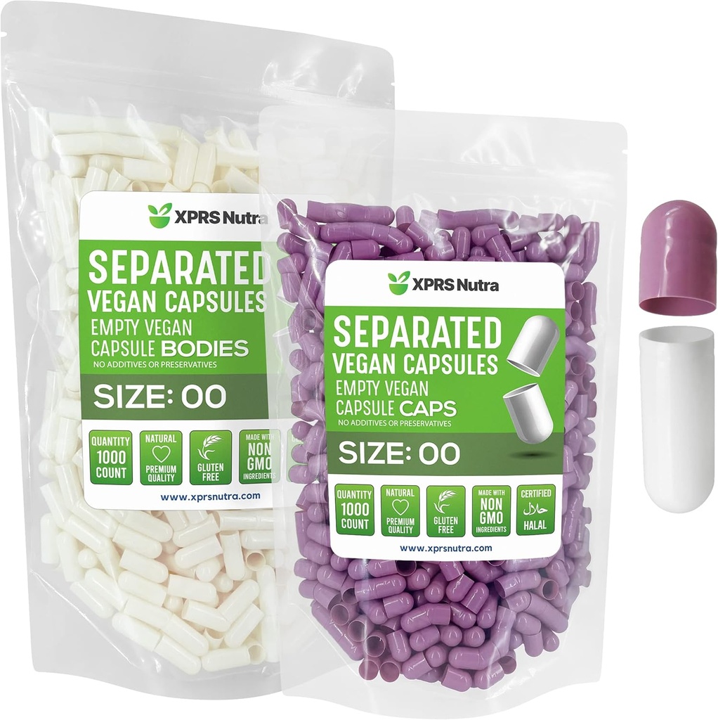 XPRS Nutra Vegan Størrelse 00 Separated Kapsler - 1000 Grev Premium Tomme Kapsler Separeret i poser - 00 Piller Tomme for DIY Supplement Fyldning (Lavendel / Hvid)