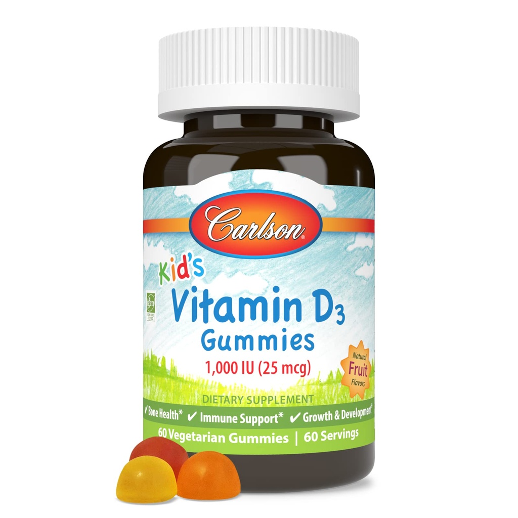 Carlson - Kid 's Vitamin D3 Gummies, 1000 IE (25 mcg), Bone Health & Immunsupport, Growth & Development, Vitamin D Gummies, D3 Gummies, Natural Fruit Flavors, 60 Vegetar Gummies
