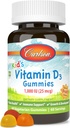Carlson - Kid 's Vitamin D3 Gummies, 1000 IE (25 mcg), Bone Health & Immunsupport, Growth & Development, Vitamin D Gummies, D3 Gummies, Natural Fruit Flavors, 60 Vegetar Gummies
