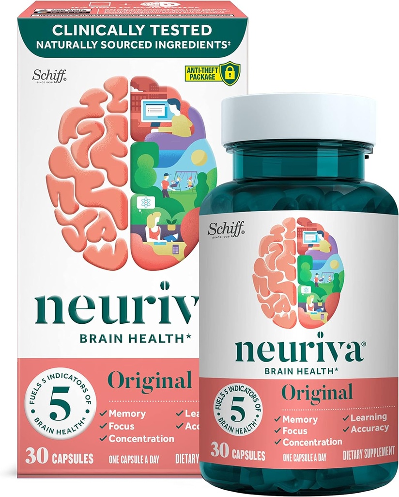 NEURIVA Original Brain Supplement for Memory, Focus & Concentration + Learning & Nøjagtighed med klinisk testet Nootropics Phosphatidylserin og Neurofaktor, Koffein Free, 30ct kapsler