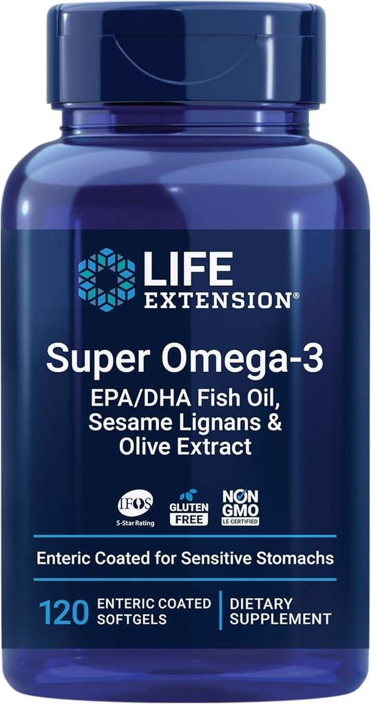 Life Extension Super Omega-3 EPA / DHA Fish Oil, Sesame Lignans & Olive Extract - Heart Health, Brain Health, Inflammation Health Support, Gluten- Free, Englic- Coated, Non- GMO, 120 Softgels