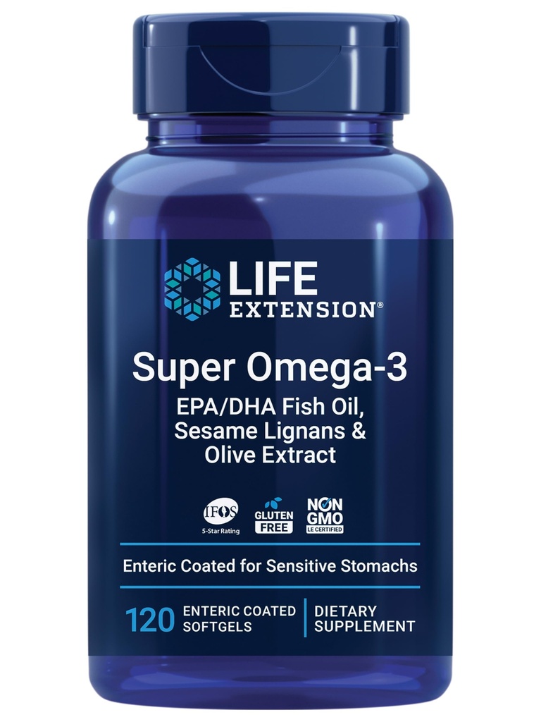 Life Extension Super Omega-3 EPA / DHA Fish Oil, Sesame Lignans & Olive Extract - Heart Health, Brain Health, Inflammation Health Support, Gluten- Free, Englic- Coated, Non- GMO, 120 Softgels