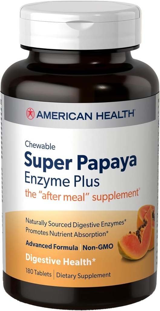 American Health Super Papaya Enzyme Plus - 180 tyggetabletter - Eftermåltid tillæg - ikke-GMO - 60 Servering