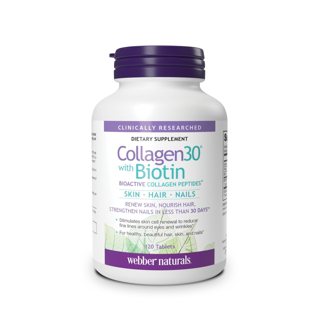 Webber Naturals Collagen 30 with Biotin, 2,500mg of Bioactive Collagen Peptides with 5,000 mcg of Biotin Per Serving, 120 Tablets, For Advanced Nourishment of Skin, Hair and Nails, Dairy & Gluten Free