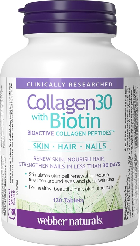 Webber Naturals Collagen30 med Biotin, 2500 mg Bioactive Collagen Peptider med 5000 mcg Biotin Per Serving, 120 tabletter, Til avanceret nydelse af hud, hår og negle, Dairy & Gluten Free
