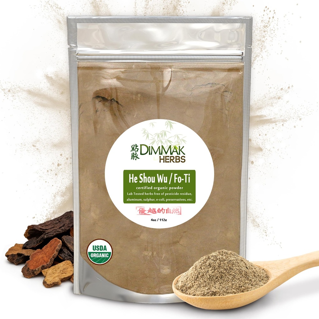 Dimmak urter Organic Fo Ti Root Raw Kinesisk Herb pulver - Cure / Tilberedt USDA Organic Han Shou Wu (Polygonum Multiflorum Preperata) Tilføj til vand eller Smoothie 1 4oz / 112g taske