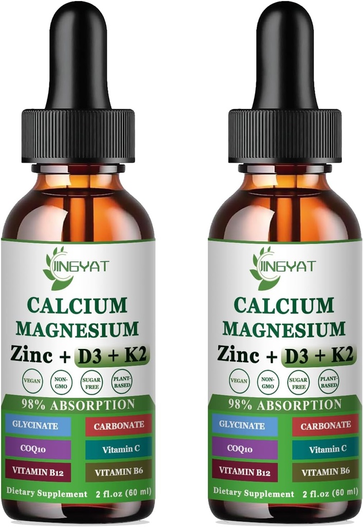 Calcium Magnesium Zinkflydende dråber, flydende Magnesium Glycinat 500mg Calcium 1000mg med vitamin D3, K2, B6, B12, Coq10,6X Stærkere end gummies kapsler (2 Pack)
