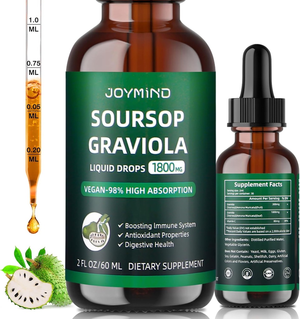 Graviola Soursop Leaf Extract Liquid - Soursop Bitters Liquid, immun Boost, Slap af, lever og søvn, Vegan, Sukker & Gluten Free, 98% Absorption Rate, Natural Flavor, 2 Måned Supply 60ML