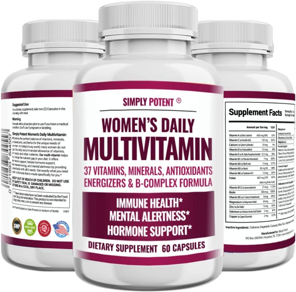 Multivitamin til kvinder, 37 Multi Vitamin med mineraler, Vitamin A C D E, Biotin, B12, Folate, Zink, Magnesium, Calcium, Grøn te til hår, hud, negle, energi, immunforsvar og hormon Support, 60 kapsler