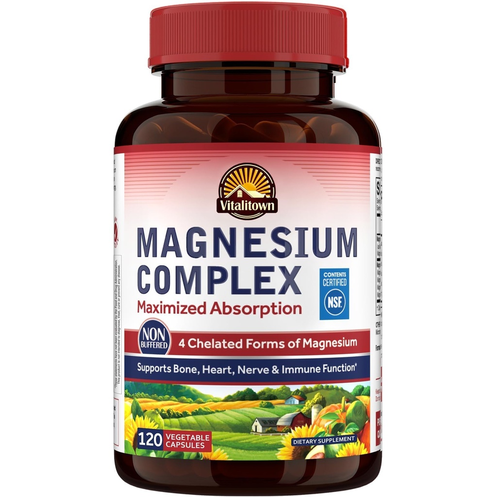Vitalitown Magnesium Complex Supplement 500mg - NSF Certified Magnesium Glycinat, Malat, Taurat & Citrate - Chelated High Absorption & Gentle on Mave - Vegan Non- GMO 120 Kapsler
