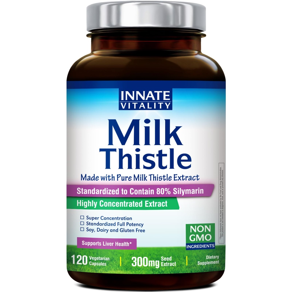 Innate Vitality 50: 1 Organic Milk Thistle Supplement, 15000mg Ækvivalent (300mg ekstrakt), 80% Silymarin Flavonoider, Lever Sundhed, Detox & Cleansing, Lavet i USA, Non- GMO, 120 Veggie kapsler