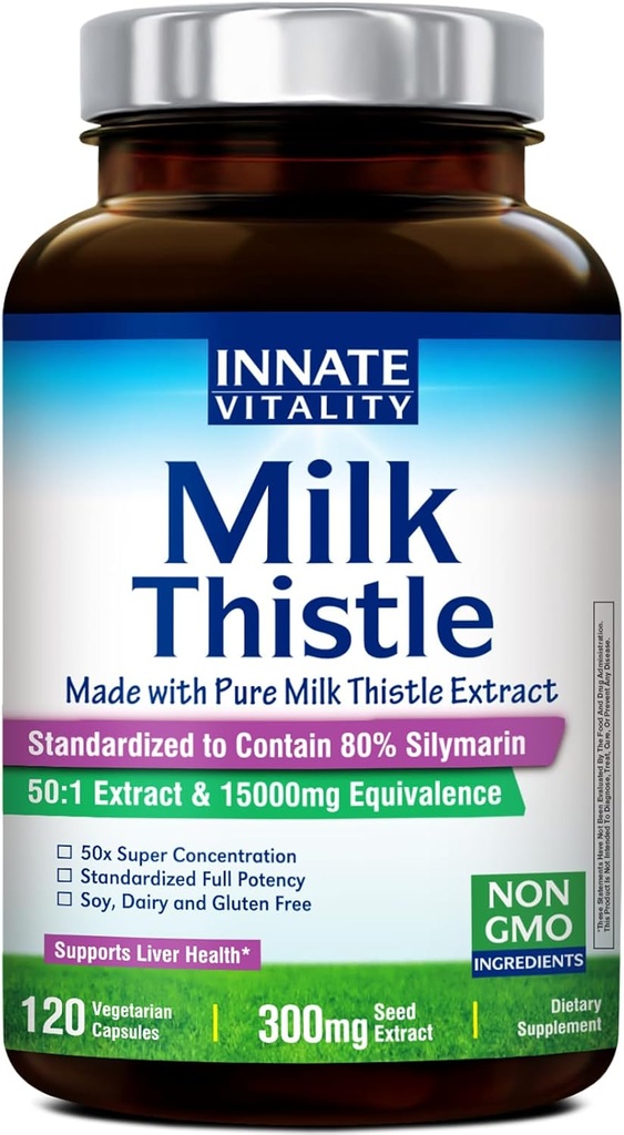 Innate Vitality 50: 1 Organic Milk Thistle Supplement, 15000mg Ækvivalent (300mg ekstrakt), 80% Silymarin Flavonoider, Lever Sundhed, Detox & Cleansing, Lavet i USA, Non- GMO, 120 Veggie kapsler
