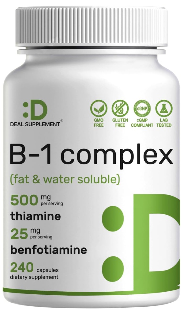 DEAL SUPPLEMENT vitamin B1 500mg med benfotiamin, 240 kapsler - 2 i 1 Forbedret formel - fedt & vand Opløselig thiamin B1 supplement - tredjepart testet, ikke-GMO, ingen gluten