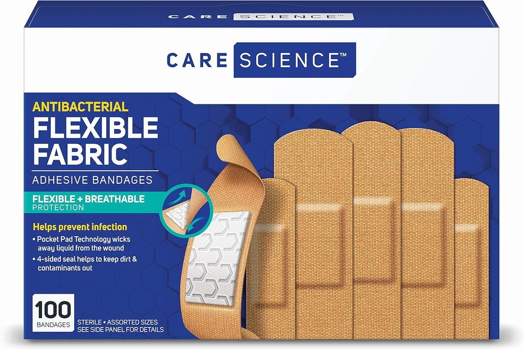 Care Science Fabric Adhesive Bandages, 100 ct Assorted Sizes Measures 124; Fleksibel + åndbar beskyttelse hjælper med at forebygge infektion for førstehjælp og Sårpleje