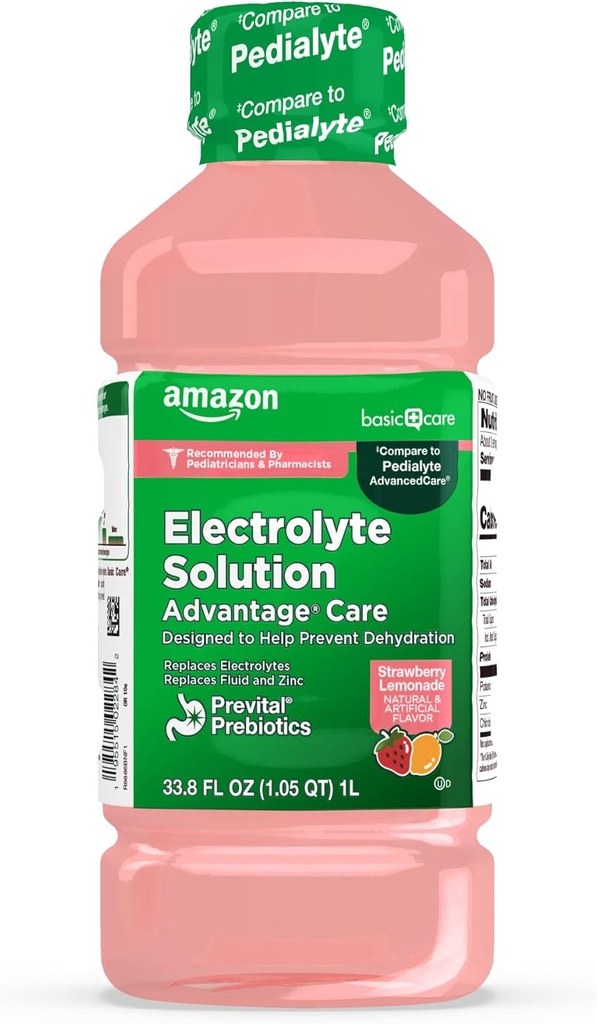 Basic Care Advantage Care Electrolyte Solution med Prevital Prebiotics, Strawberry Lemonade, Hydration Drink, Replenish Electrolytes, Fluid & Zink, 33.8 fl oz (pakke med 1)