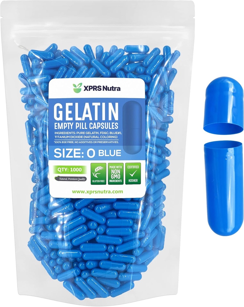 XPRS Nutra Størrelse 0 Tomme kapsler - Tomme Gelatine kapsler - 1000 Greve gør det selv Capsule Filling - Pure Bovin Pill Gel Caps til Do- It- Yourself Kosttilskud (blå)