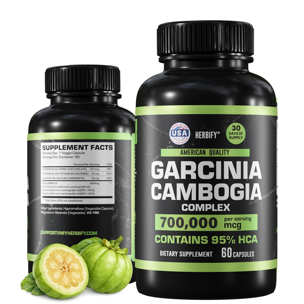 HERBIFY Garcinia Cambogia Wellness Support for kvinder & mænd - Urteudtræk med antioxidant egenskaber - Energy Booster til daglig Vitality og fordøjelsesstøtte - 60 Greve
