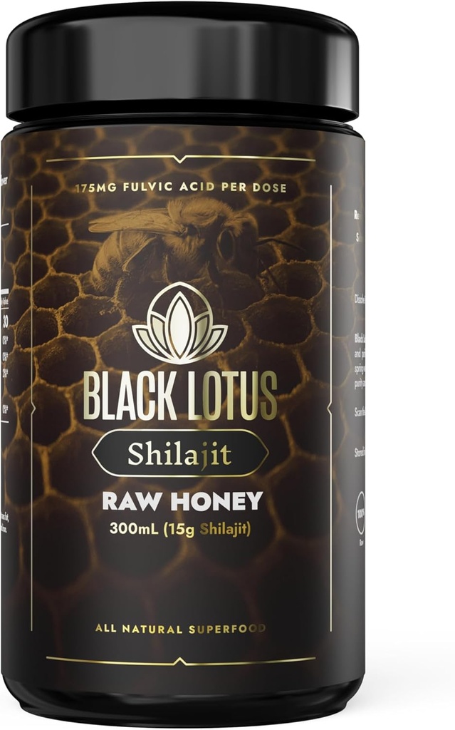 Black Lotus Pure Shilajit Resin Raw Honey Liquid Tinktur, 300ml, 100% Pure Natural Shilajit for Mænd & Kvinder, Aminosyrer, 175mg Fulvic Acid, 85 Ionic Trace Minerals, For immunforsvar, Fokus, energi
