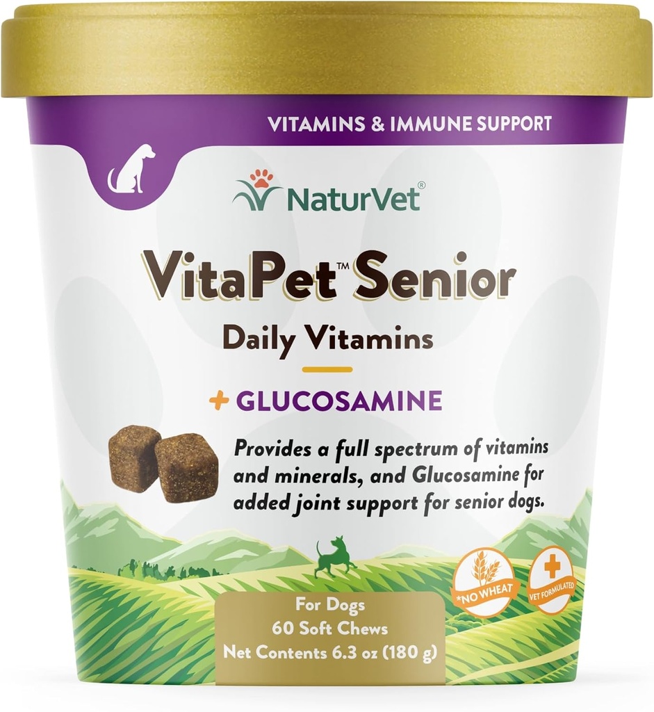 NaturVet VitaPet Senior Daily Vitamin Plus Glucosamin til hunde, 60 ct Soft Chews, Lavet i USA med Globalt kilde ingredienser