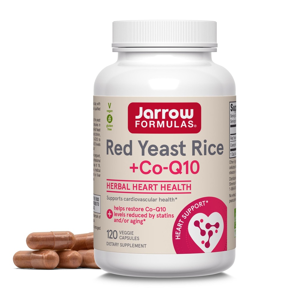 Jarrow Formulas Red Yeast Rice 1200 mg & Co- Q10 100 mg per servering - 120 Veggie Caps - 60 Servere - Urtehjerte sundhed kosttilskud - understøtter hjerte-kardiovaskulær & hjerte sundhed - Vegan