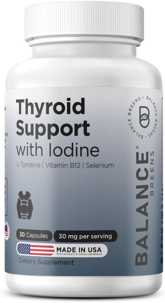 Balancebreens Thyroid Support med jod, L- Tyrosin, vitamin B12 & Selenium, 30 Veg Kapsler - Energi, Metabolisme og Focus Support