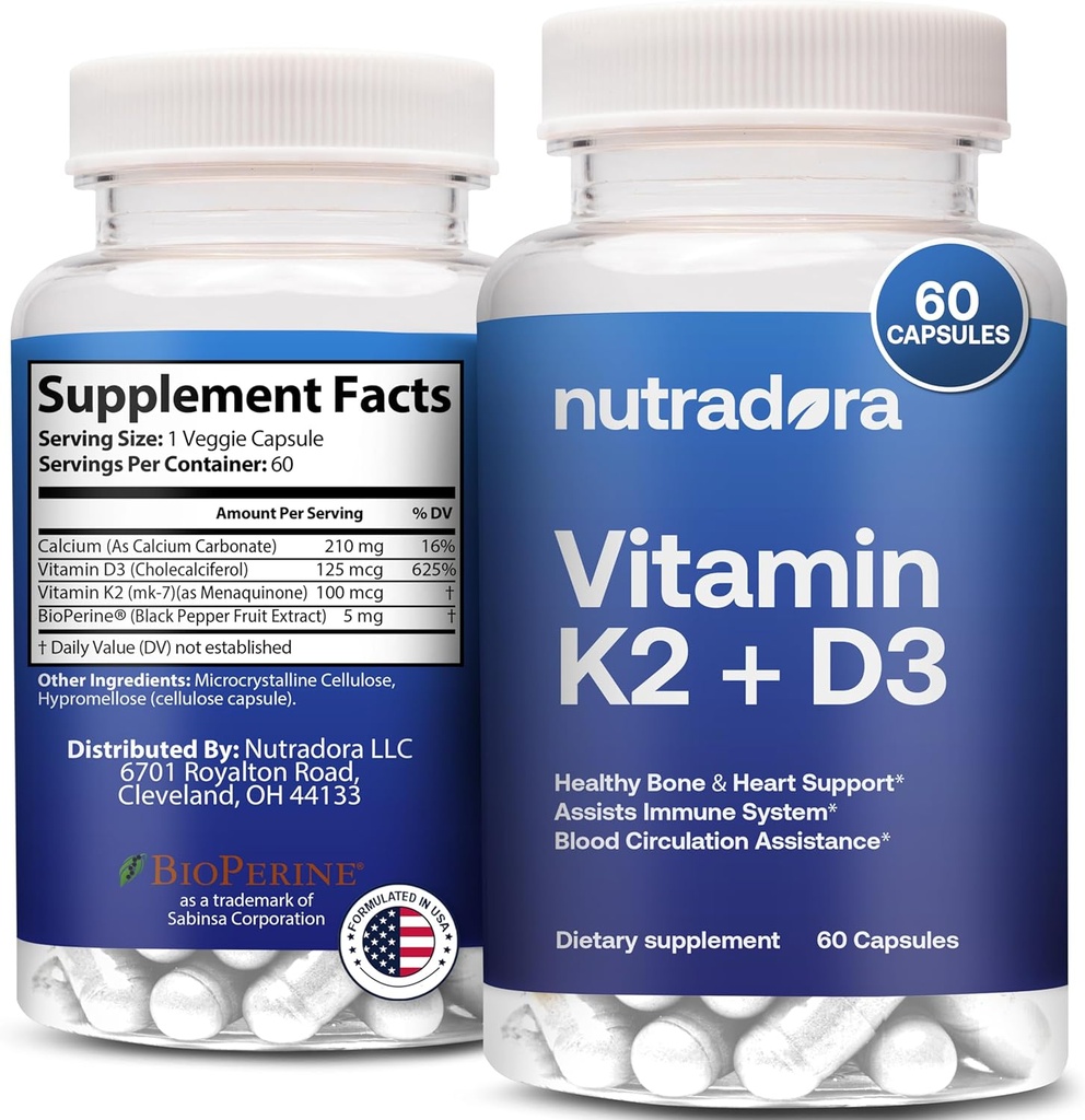Vitamin D3 K2 kapsler til mænd og kvinder - K2 D3 Vitamin supplement til sundt hjerte og ben støtte, immunsystem & blodcirkulationshjælp, Formuleret i USA, 60 Veggie kapsler