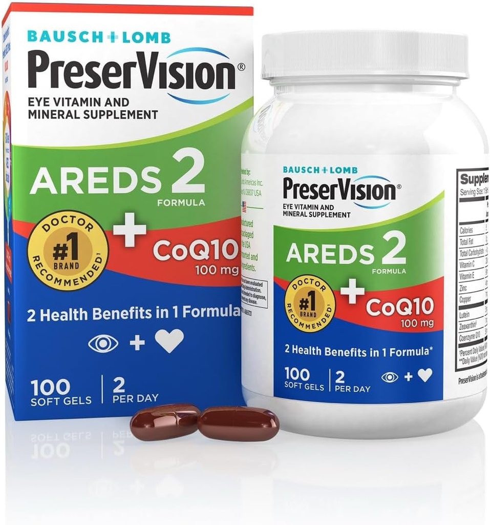PreserVision AREDS 2 Eye Vitamin med CoQ10 for hjerte sundhed, # 1 Eye Doctor Anbefalet Mærke, Lutein og Zeaxanthin Supplement med C-vitamin & E, zink, og kobber, 100 Softgels